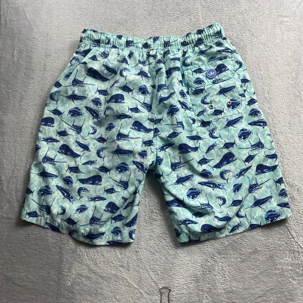 Peter Millar Seaside Mens Blue Teal Fish Print Swim Trunks Shorts Size M